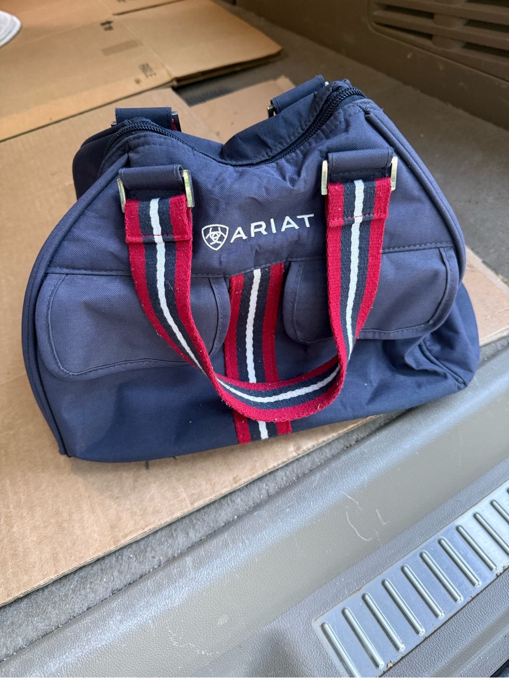 Ariat Navy Canvas Carry-All Bag with Red & White Striped Handles see I